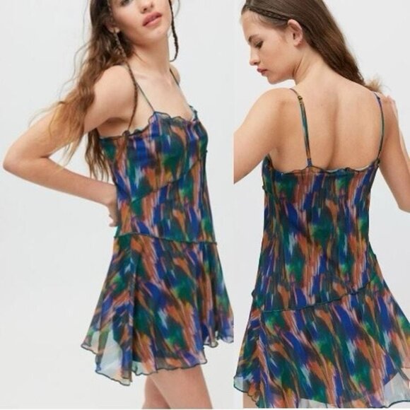 URBAN OUTFITTERS Women’s Dress Green Multi Mesh Mini Moxie Abstract Slip Size XS - Picture 2 of 11